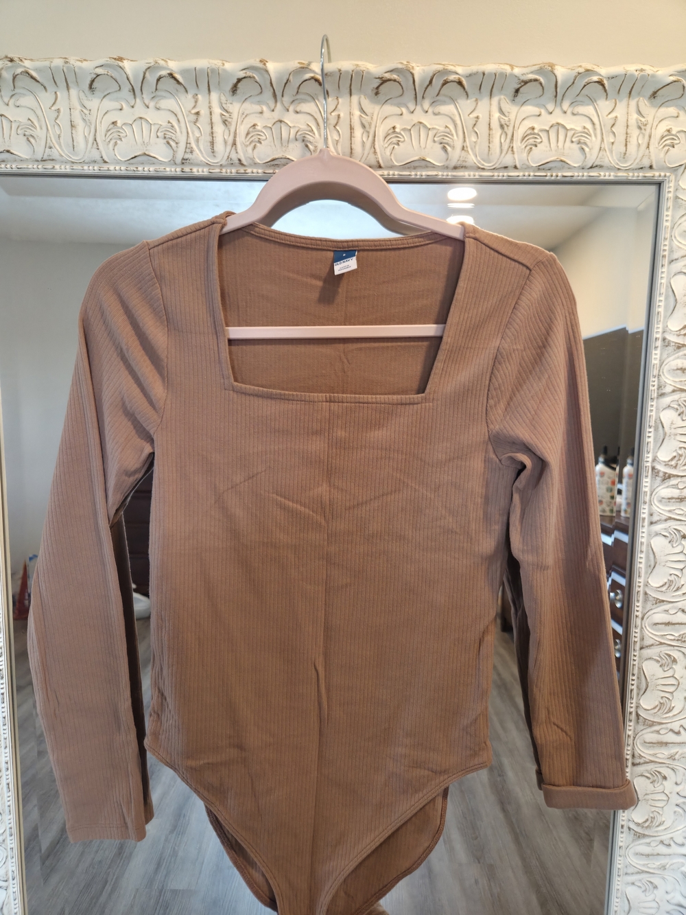 Old Navy Taupe Ribbed Square Neck Long-Sleeve Bodysuit